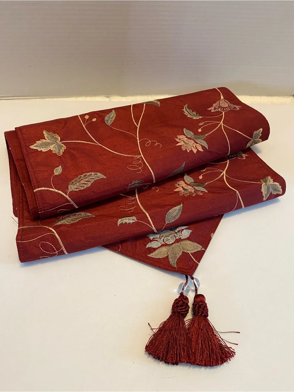 Table Runner Embroidered floral fabric multicolor on dark wine red W Tassels